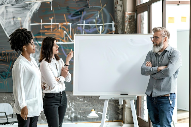 Équipe d'une boutique préparant une campagne marketing sur tableau blanc