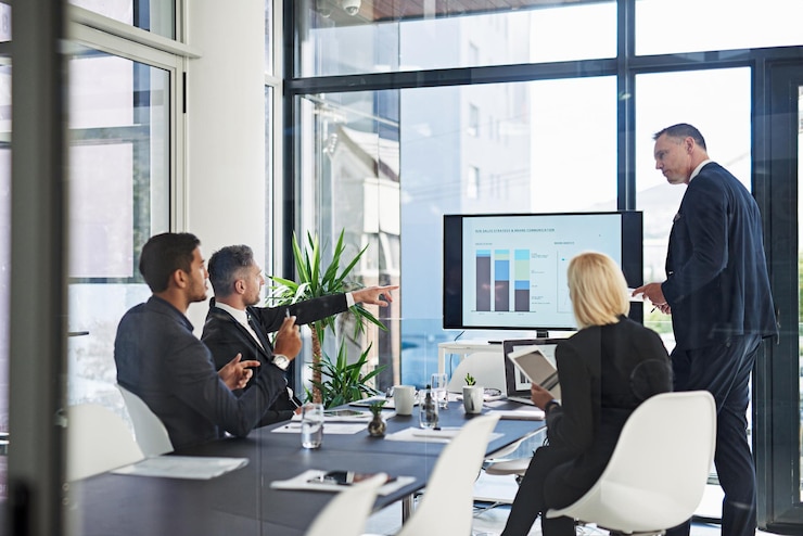 Conseiller présentant un plan marketing à une équipe de commerce